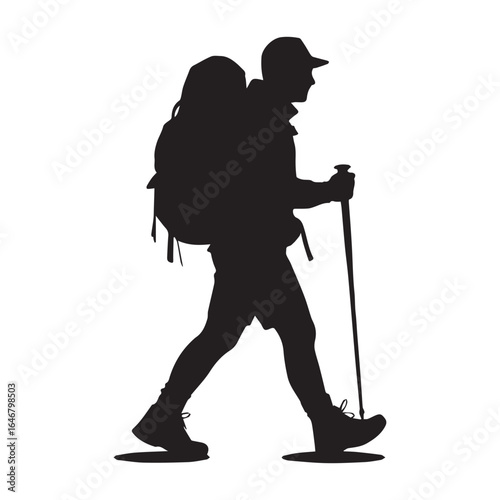 A traveler walking with a backpack and trekking stick pure white background
