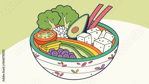 Delicious vegan poke bowl with tofu avocado and fresh vegetables healthy eating food illustration concept design