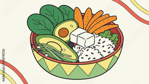Delicious and healthy vegan buddha bowl with tofu avocado spinach carrots and rice illustration