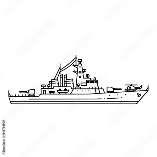 Monochromatic outline illustration of a modern naval warship, featuring deck-mounted weaponry and a helipad with a helicopter, symbolizing maritime defense and national security.