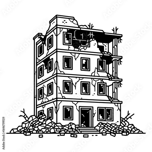 Ruinous Relic A Line Art Depiction of a Crumbling Building