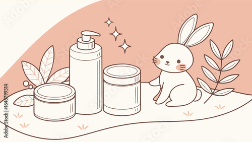 Cruelty free beauty products with cute bunny illustration for skincare and cosmetic advertising use
