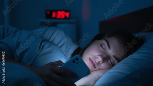 Young Woman Sleeping with Smartphone's Blue Light in Dark Bedroom at Night