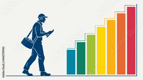 Man walking towards colorful bar graph showing business growth and success, financial chart, career path