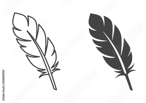 UntitledVector art of two feather illustrations isolated on white background, one in outline and one in solid fill, representing lightness, nature, and artistic design elements