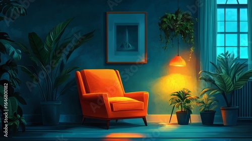 Cozy room with orange armchair, plants, and warm lamplight at night.