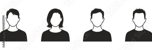 UntitledVector art of four faceless avatars isolated on white background representing diverse individuals with varying hairstyles and outlines, suitable for use as placeholders or generic representati