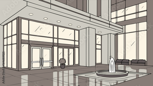 Illustration of modern office building lobby with fountain and seating area architectural design concept