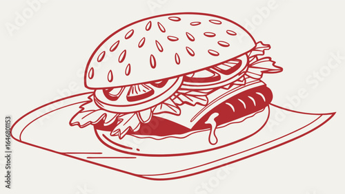 Delicious burger with sesame bun tomato lettuce cheese and meat vector illustration design art