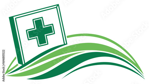 Green medical cross logo design for healthcare industry and pharmaceutical company with wave background vector