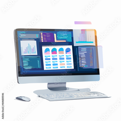 High tech desktop computer with holographic windows displaying code and graphs