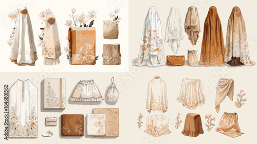 Elegant watercolor illustration set of modest fashion and prayer outfits with floral embroidery, including dresses, skirts, shawls, and matching accessories.