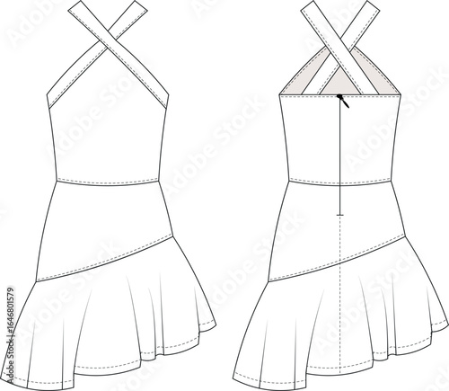 sleeveless strappy strapped shoulder straps halterneck backless frilly short mini a line dress gown template technical drawing flat sketch cad mockup fashion woman design style model 
