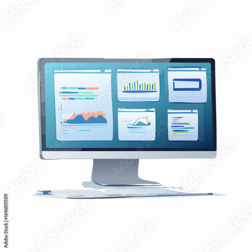 High tech desktop computer with holographic windows displaying code and graphs