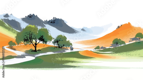 A painting of a forest with a river running through it. The trees are green and brown. There are birds flying in the sky