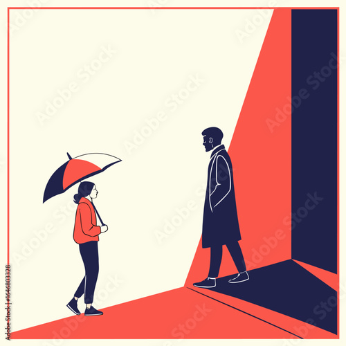 A woman with an umbrella encounters a man walking into a brightly lit doorway creating a striking contrast of light and shadow in a minimalist illustration