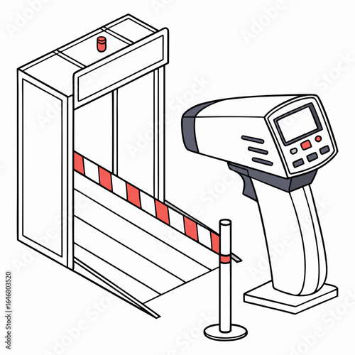 A security checkpoint with a metal detector and a scanner, representing airport or event security