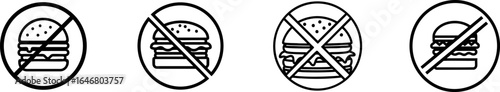 A series of icons depicting a burger with a prohibition sign, indicating a ban on hamburgers.