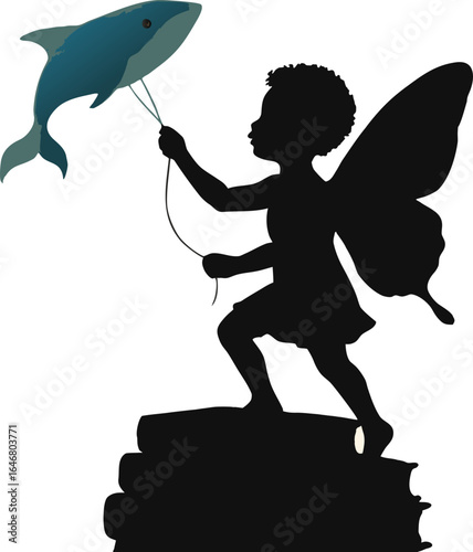 Whimsical Silhouette of Black Child Fairy with Whale Kite
