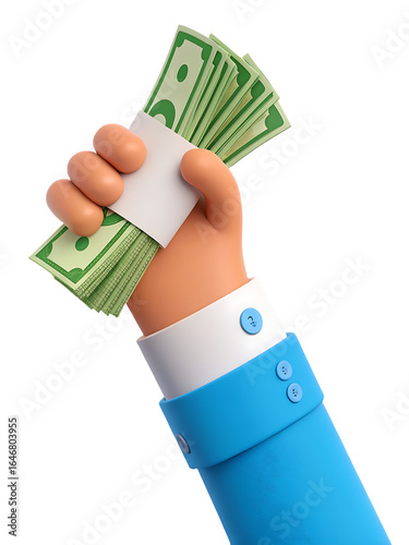 3D cartoon character hand in a blue suit holding a large wad of cash.