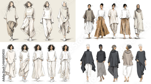 Minimalist watercolor fashion illustration set of loose-fit outfits in neutral tones, featuring oversized tops, wide pants, and layered styles for casual elegance.
