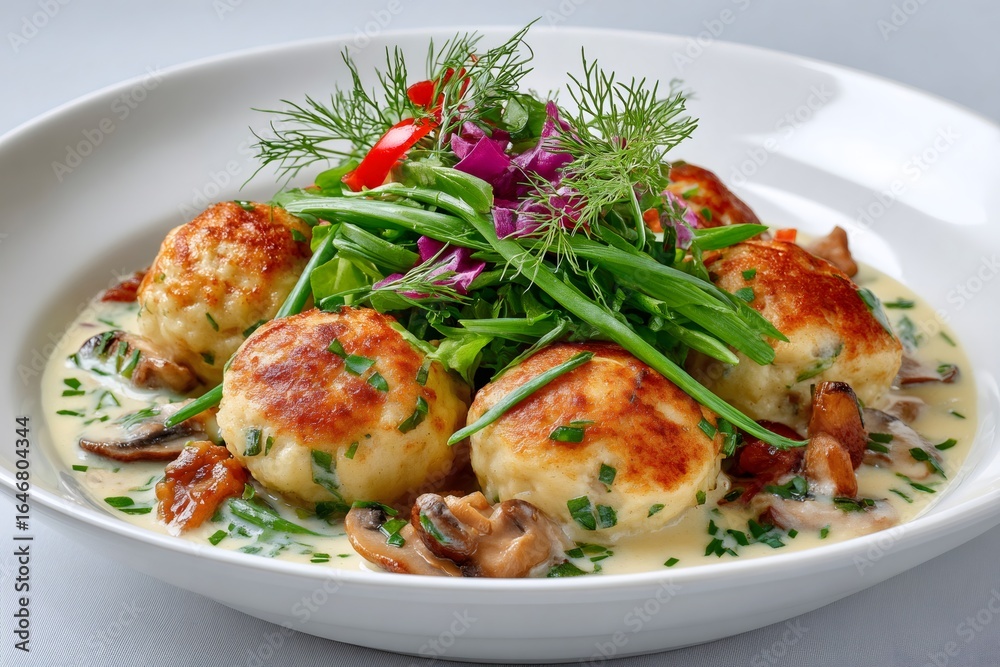 Chicken meatballs with mushroom cream sauce, herbs and salad Chicken meatballs with mushroom cream sauce, herbs and salad