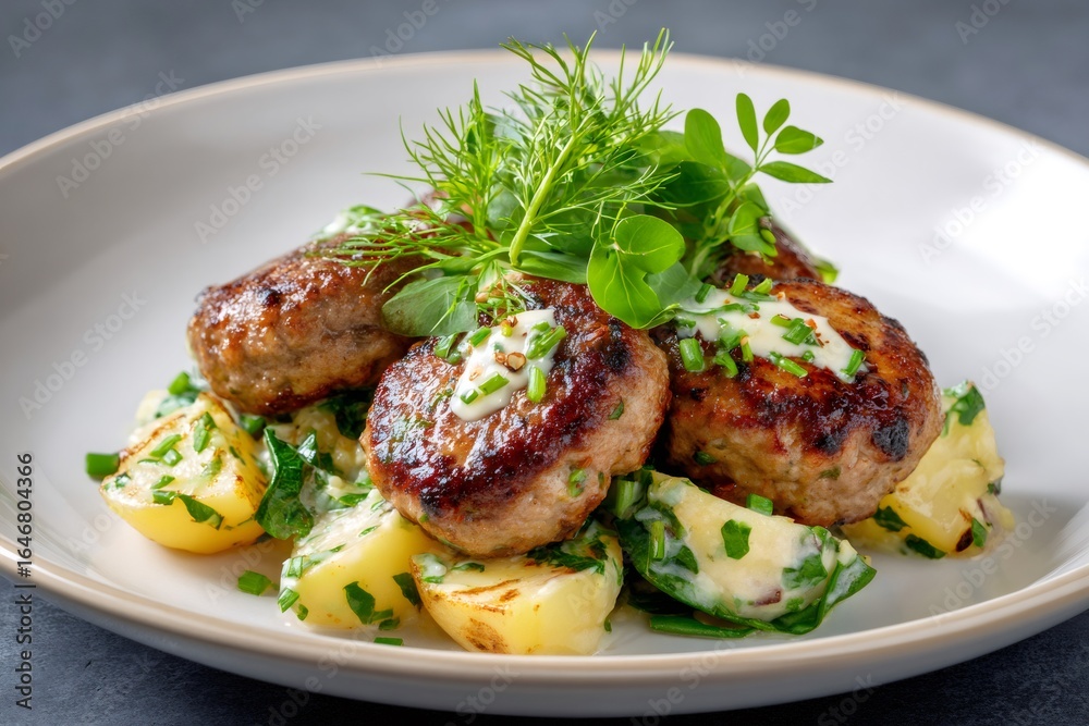 Juicy, grilled minced meat patties served on roasted potato salad with fresh herbs and creamy sauce Juicy, grilled minced meat patties served on roasted potato salad with fresh herbs and creamy sauce