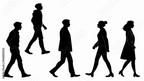 Silhouettes of five people walking in different styles and outfits on a white background in a row created with generated ai