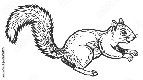 A detailed monochrome drawing of a squirrel in motion with a bushy tail and textured fur design created with generated ai