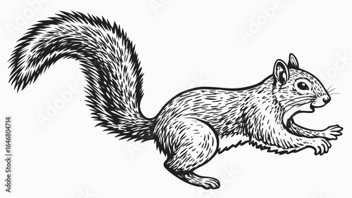 Illustration of a squirrel running with a bushy tail and detailed fur in black and white style created with generated ai
