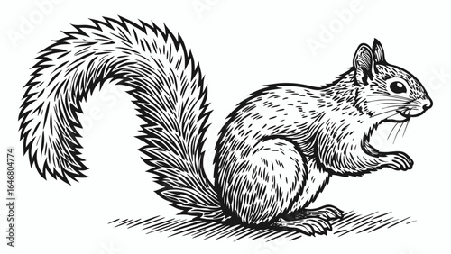 Illustration of a squirrel with a bushy tail in black and white detailed line drawing style artwork created with generated ai