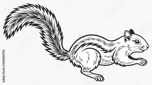 Illustration of a squirrel in black and white with a bushy tail and detailed fur pattern design element created with generated ai