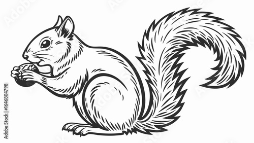 Squirrel illustration eating a nut with a bushy tail in black and white line drawing style art design created with generated ai