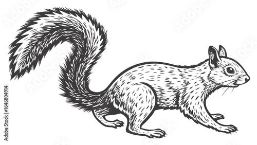 Detailed monochrome drawing of a squirrel with a bushy tail in a walking pose looking alert created with generated ai