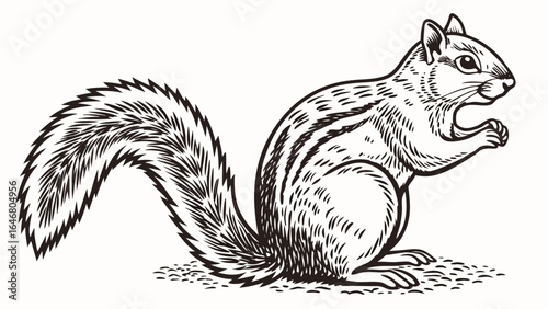 Illustration of a squirrel standing with a bushy tail and holding a nut in its paws looking right created with generated ai