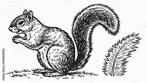 Illustration of a squirrel eating with a bushy tail and grass in a black and white drawing style created with generated ai