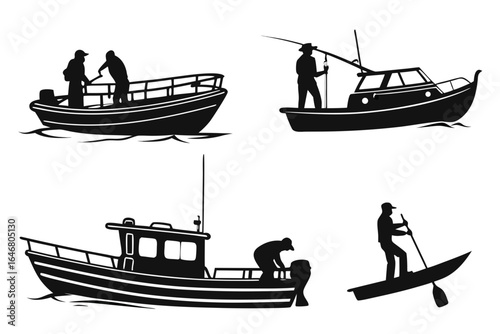Silhouette illustration of various boats with people engaged in water activities on a white background created with generated ai