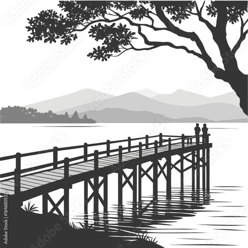 Silhouette of a wooden pier extending into a lake with mountains and a tree in the background view created with generated ai