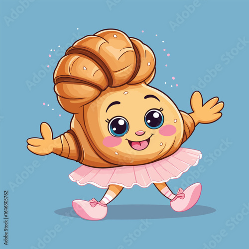Cute Croissant Character Ballerina Pastry Vector Illustration For Kids Bakery Designs And Happy Baking Concepts