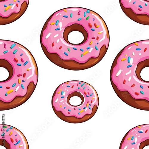 Delicious Donuts Vector Seamless Pattern Cute Pink Frosted Doughnuts With Sprinkles For Sweet Themed Designs Bakery Illustrations And Playful Backgrounds