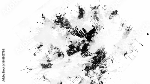 Minimalist black and white grunge texture background with subtle grain, rough brush strokes, abstract ink splashes, vintage film dust, distressed paint stains, and modern artistic border frame