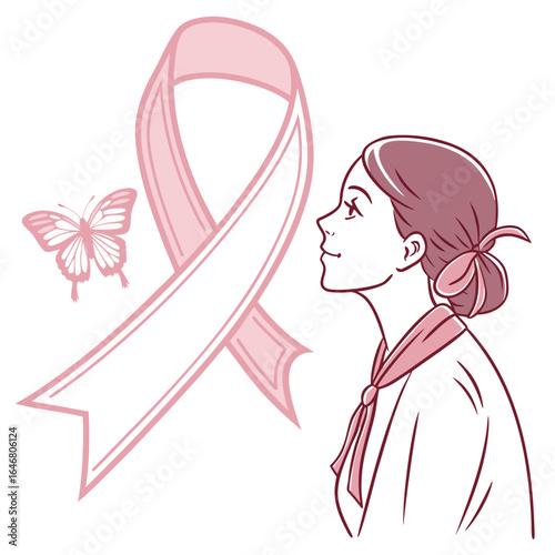 A woman looks up with hope at a pink ribbon and butterfly symbolizing breast cancer awareness and support