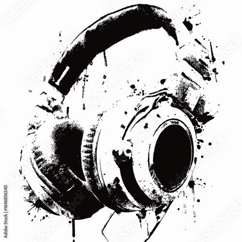A pair of headphones with a black and white background. The headphones have a black and white design, with a white stripe running down the center