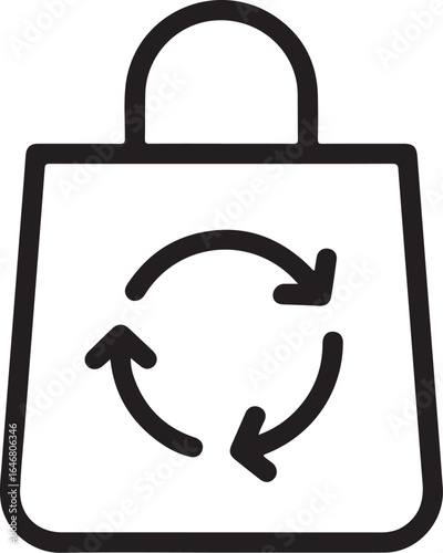 Simple black and white line art icon of a shopping bag with a circular recycling symbol on its front