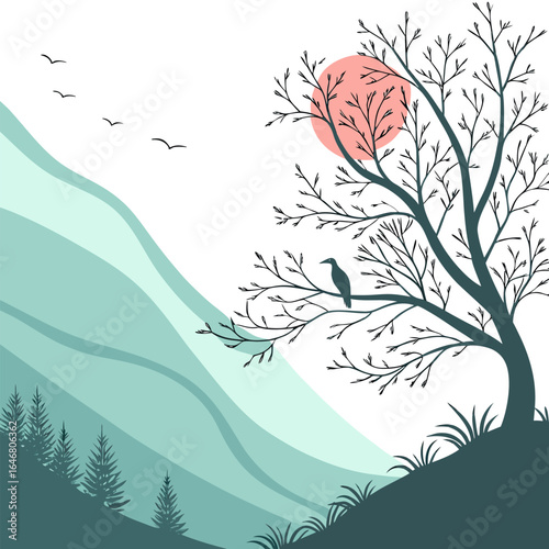 A solitary crow perches on a bare tree branch beneath a soft pink sun with flowing teal hills and silhouetted pine trees in the distance