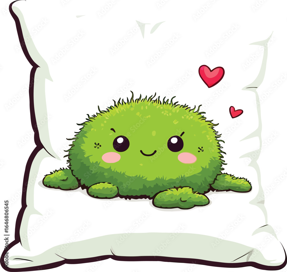 Obraz premium Cute Green Fluff Ball Character On Pillow Whimsical Vector Illustration For Childrens Decor And Design Projects Promoting Comfort And Happiness