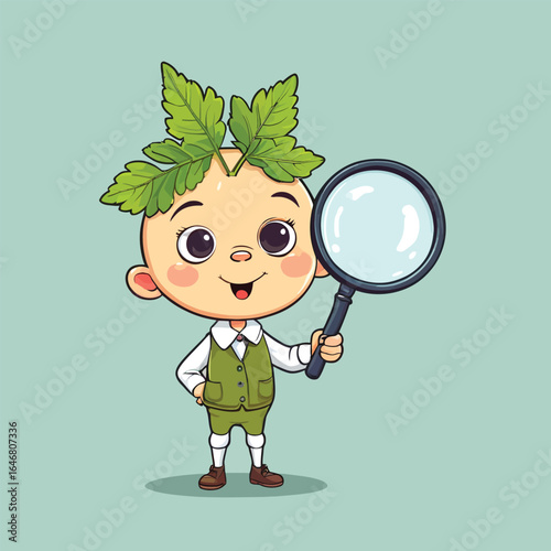 Whimsical Vector Boy With Magnifying Glass Cartoon Character Illustration For Childrens Books Educational Resources And Botanical Concepts