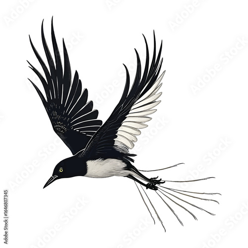 Black and White Bird in Flight, Detailed Illustration