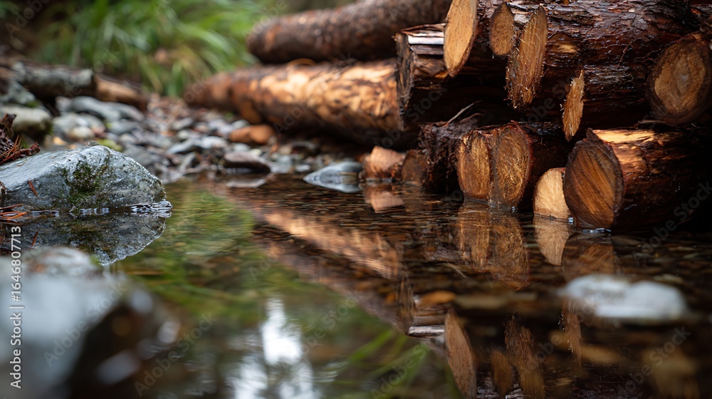 Fototapeta premium Reflections on Cut Logs A Watery Mirror to Nature's Harvesting and Material Source