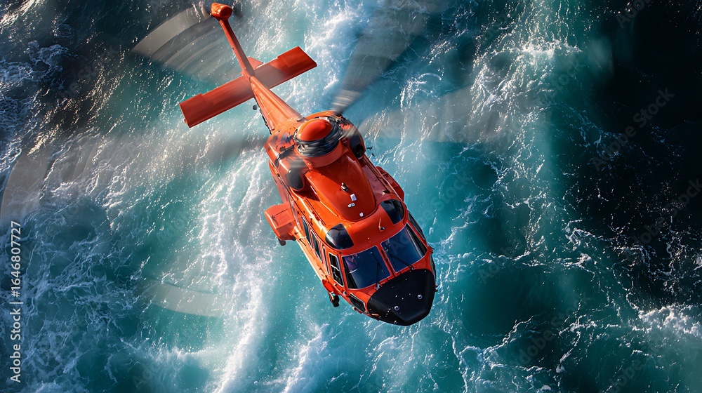 Fototapeta premium Orange Rescue Helicopter Flying Over Ocean Waves Aerial View Concept